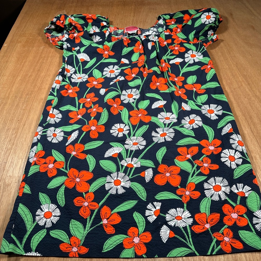 Kate Spade Floral Seersucker Dress Women XL Navy Blue Puff Sleeve Shift K7456